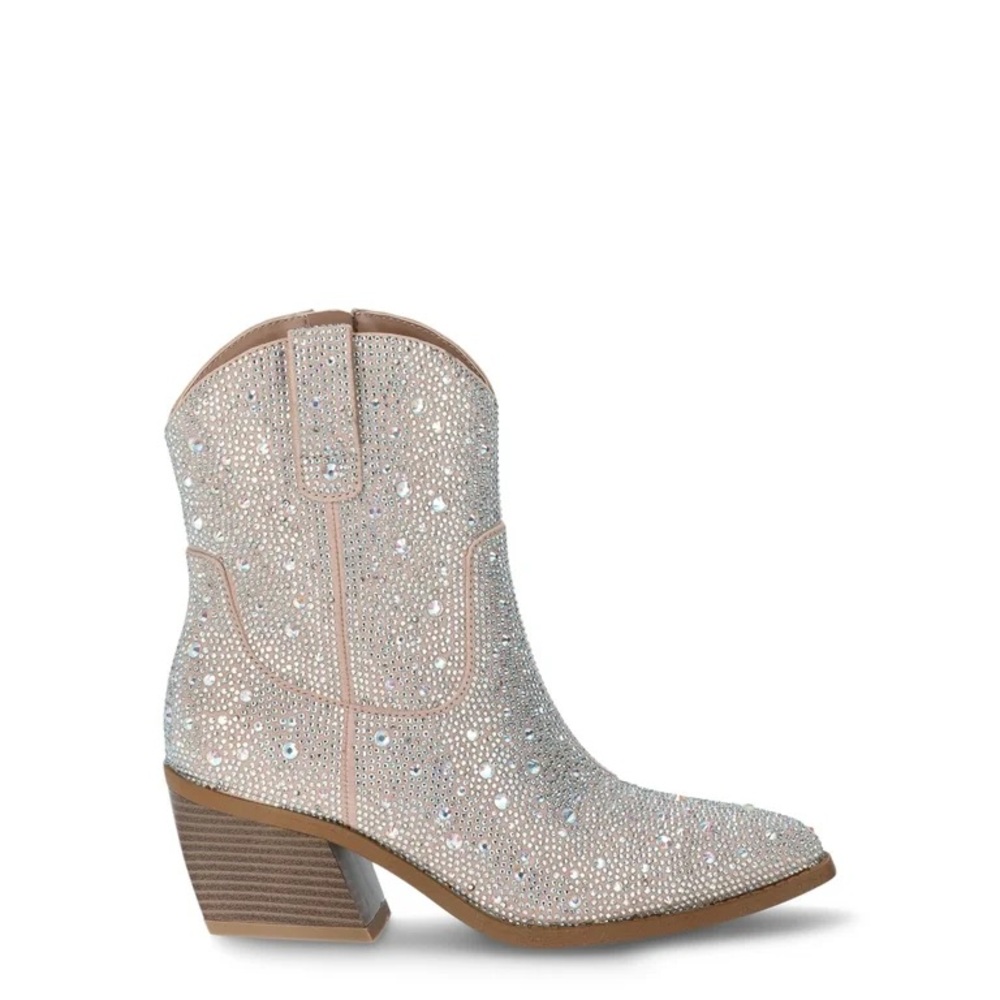 Rhinestone Sparkle Heeled Cowgirl Boots - Silver and Tan